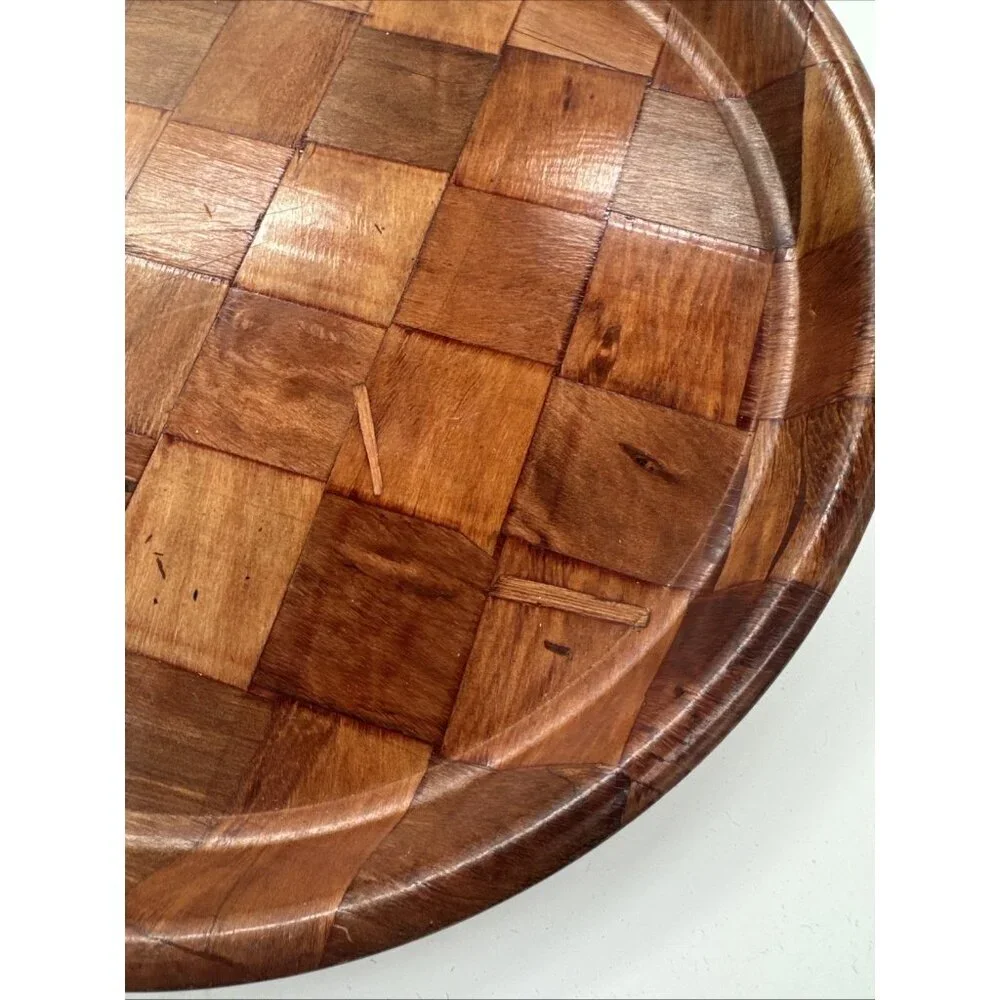 Vintage Parquet Weave Wood Round Serving Platters 2 Large 13” Woven Mid Century